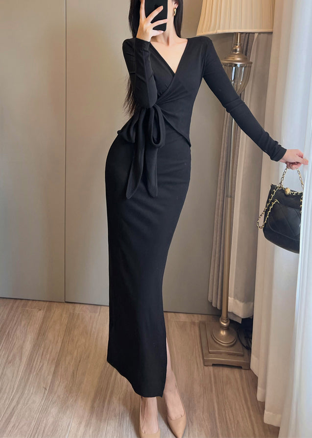 Open Tie Dress Side Bohemian Orange Waist Long Knit