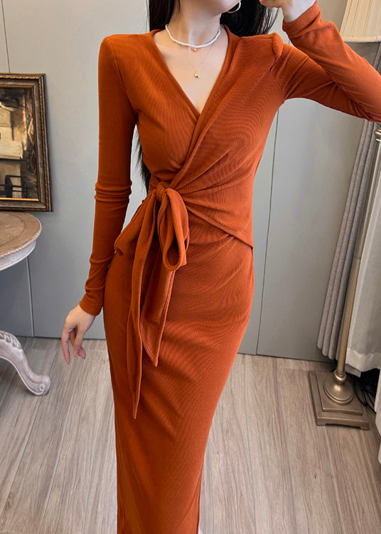 Open Tie Dress Side Bohemian Orange Waist Long Knit