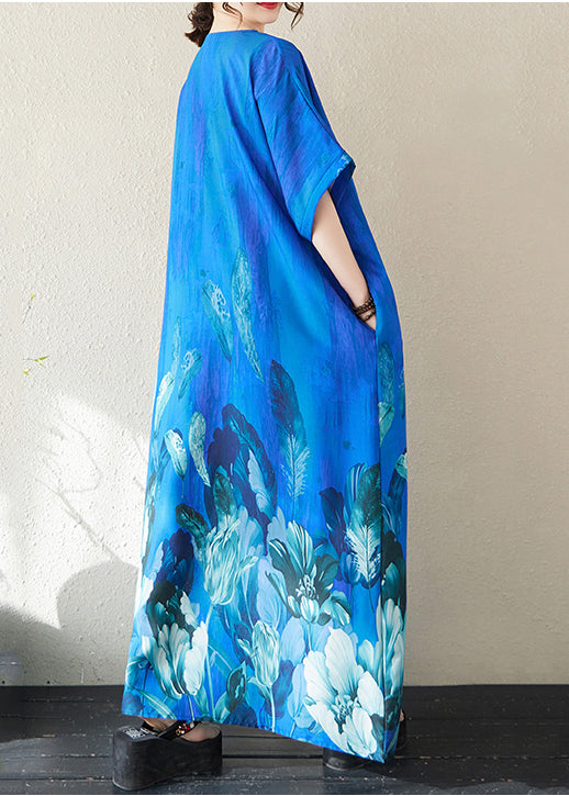 Peacock Blue Summer Bohemian Holiday Oversized Print Dress
