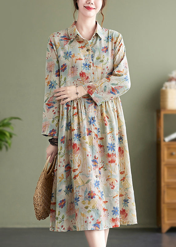 Bohemian Peter Pan Collar Print Wrinkled Cotton Dress Fall QO054