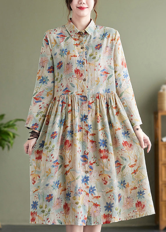 Bohemian Peter Pan Collar Print Wrinkled Cotton Dress Fall QO054