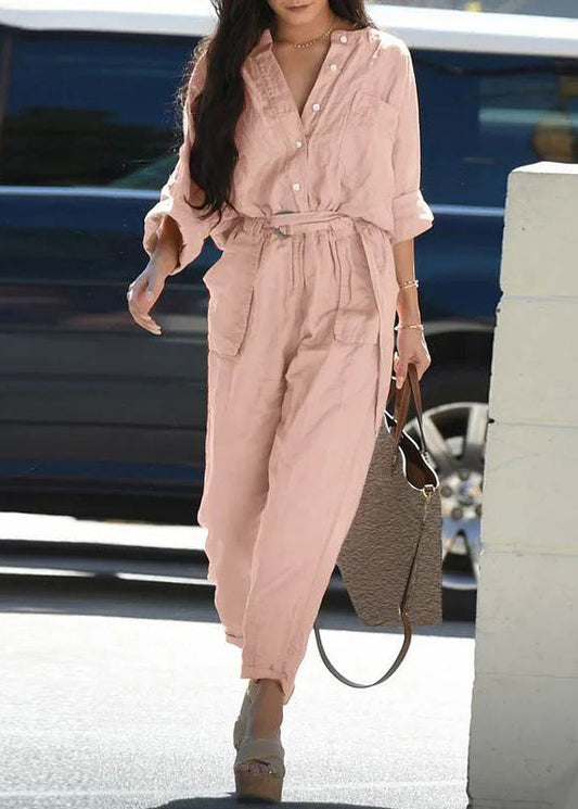 Pink Fall Peter Collar Pan Bohemian Jumpsuit Pockets Tunic