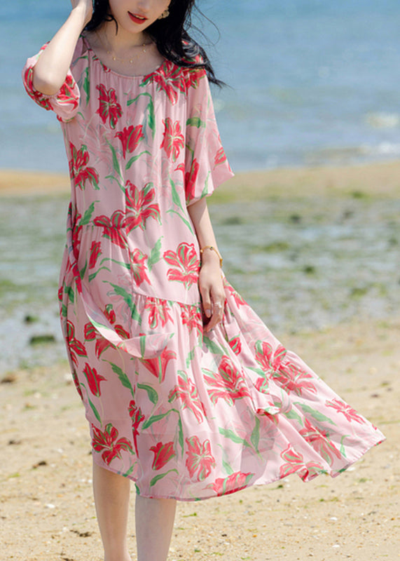 Bohemian Pink Print Patchwork Chiffon Long Holiday Dress Summer WW020