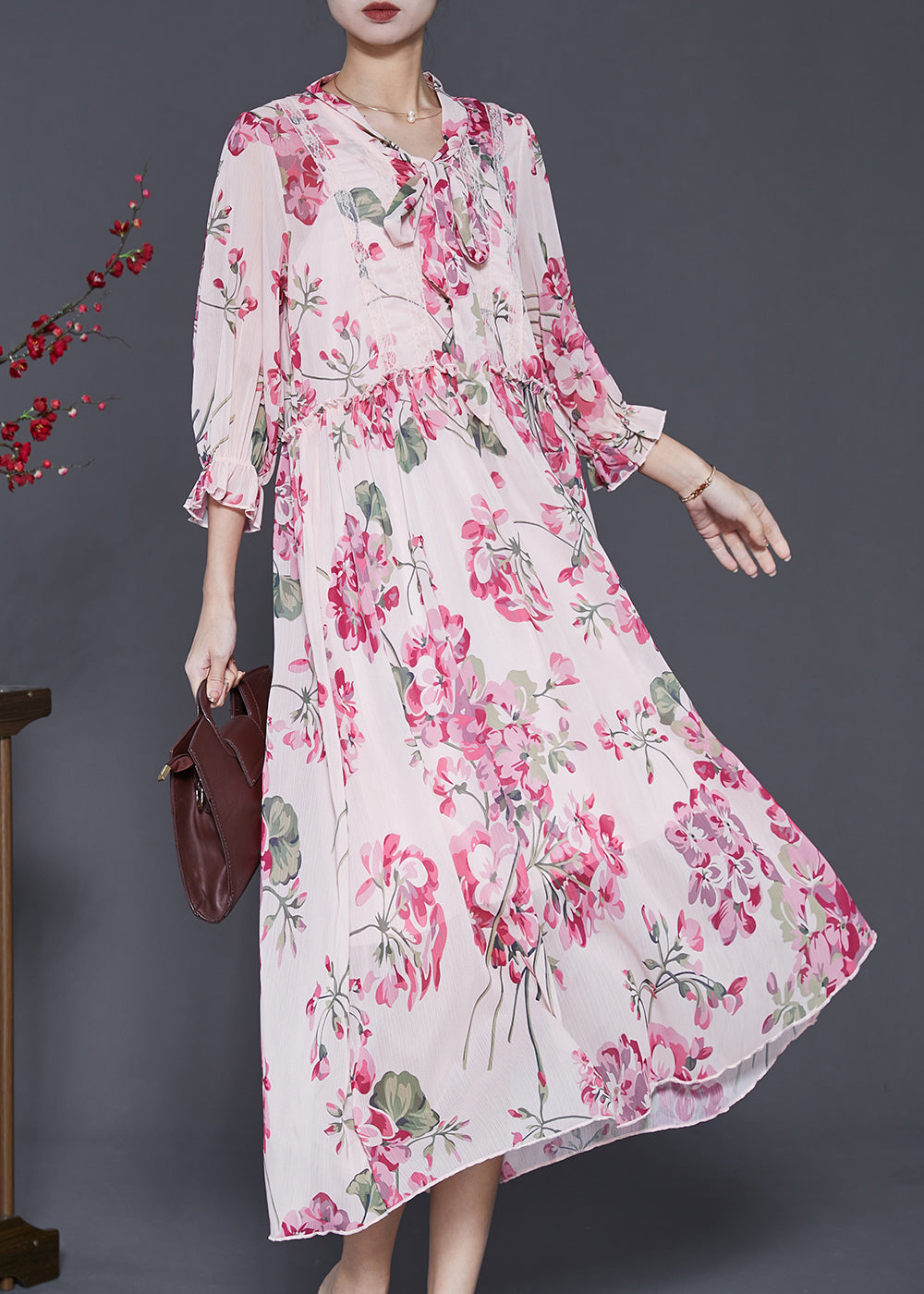 Bohemian Pink Ruffled Print Chiffon Dress Spring SD1001