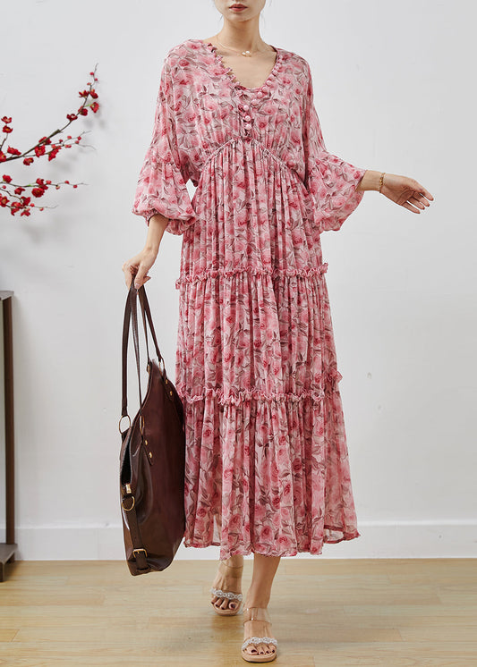 Bohemian Pink Ruffled Print Chiffon Maxi Dresses Lantern Sleeve AP1064