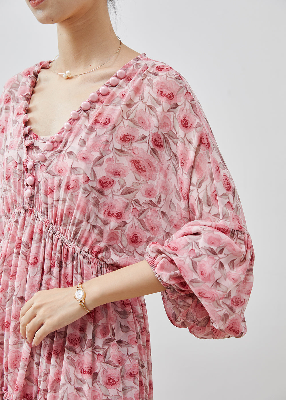 Bohemian Pink Ruffled Print Chiffon Maxi Dresses Lantern Sleeve AP1064