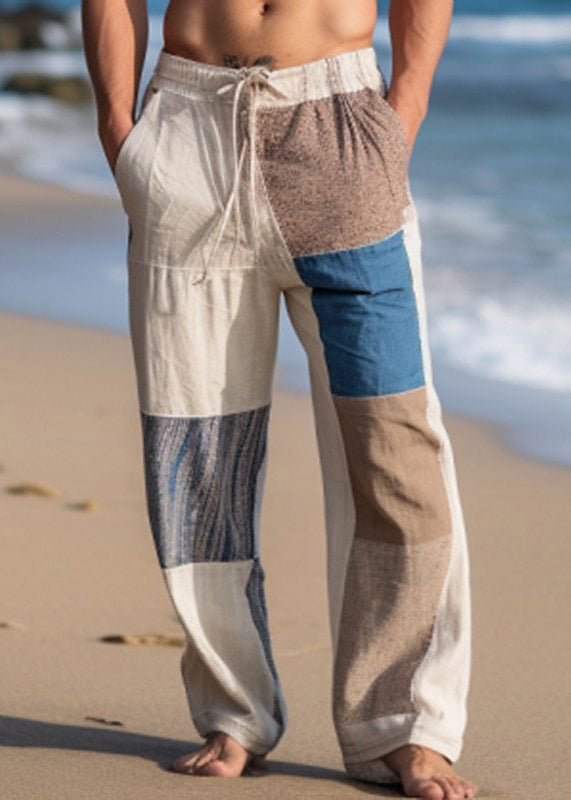 Mens Plaid Asymmetrical Cotton Pants Patchwork Bohemian Summer