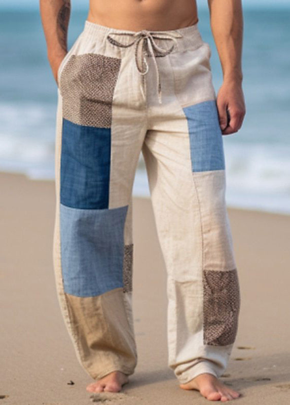Mens Plaid Asymmetrical Cotton Pants Patchwork Bohemian Summer