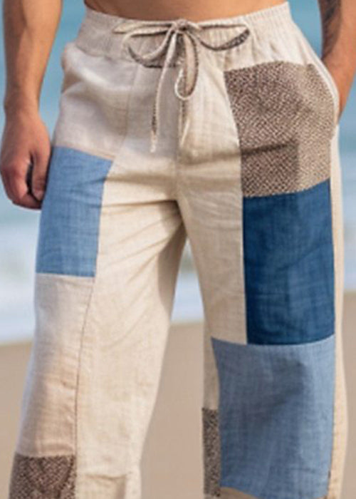 Mens Plaid Asymmetrical Cotton Pants Patchwork Bohemian Summer