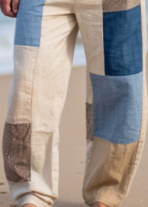 Mens Plaid Asymmetrical Cotton Pants Patchwork Bohemian Summer