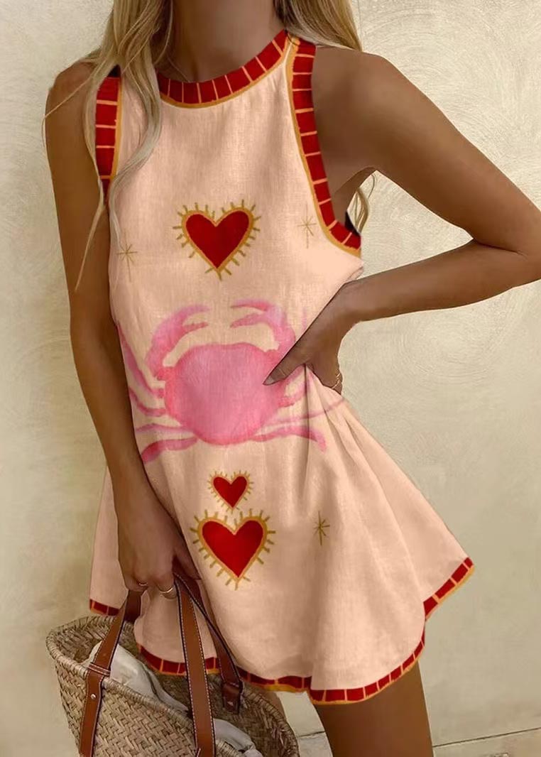 Sleeveless A Dress Print Mini Bohemian Line Linen