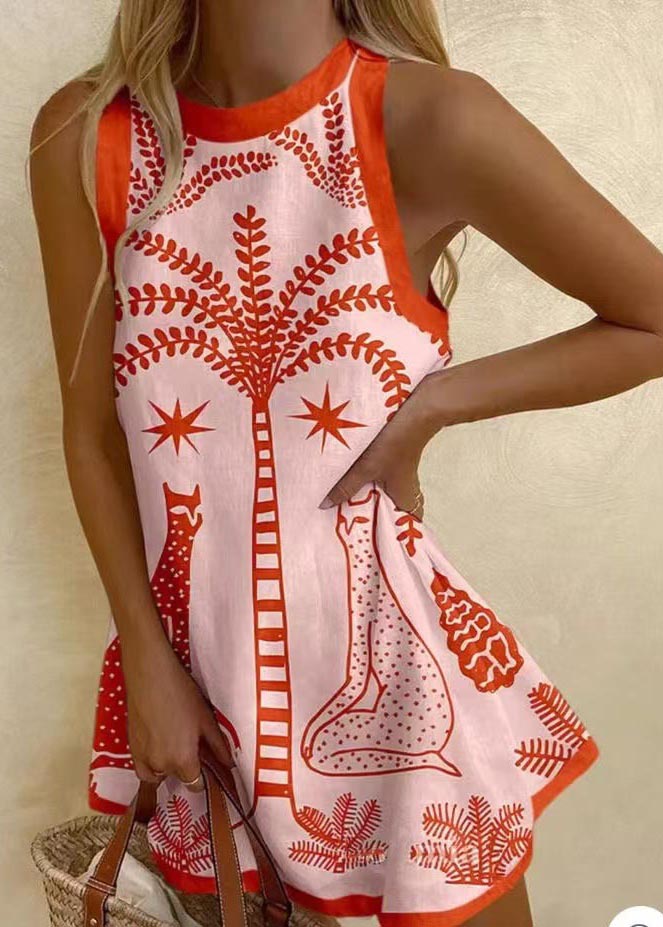 Sleeveless A Dress Print Mini Bohemian Line Linen