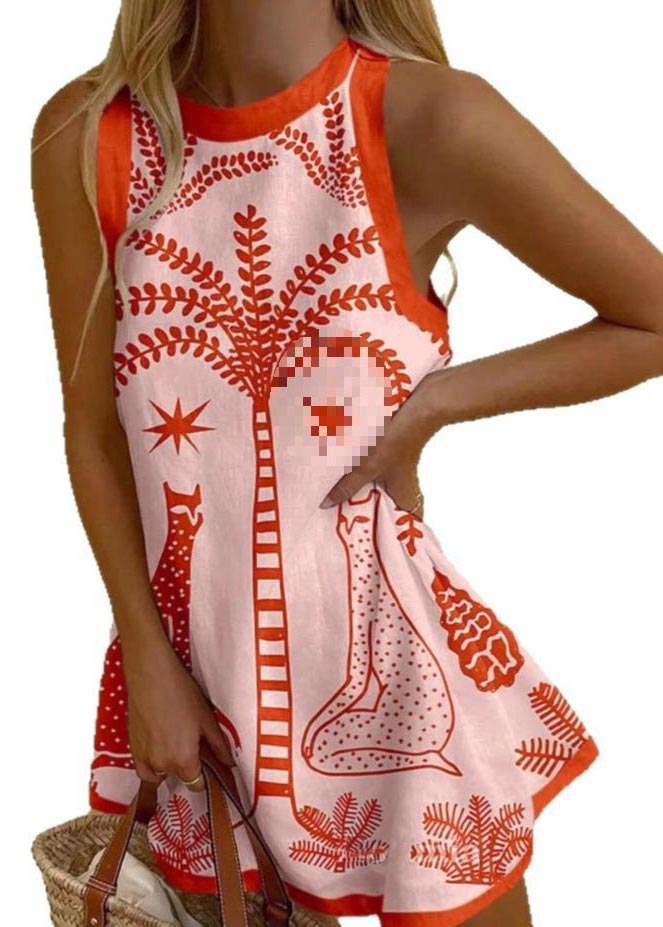 Sleeveless A Dress Print Mini Bohemian Line Linen