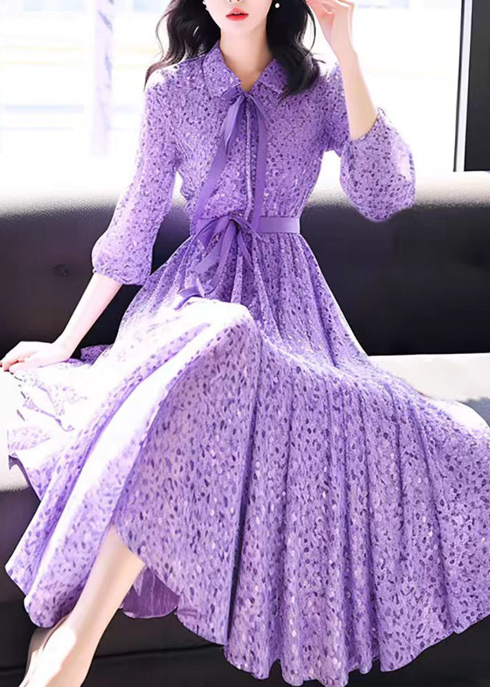 Bohemian Purple Peter Pan Collar Print Chiffon Dress Bracelet Sleeve QR032