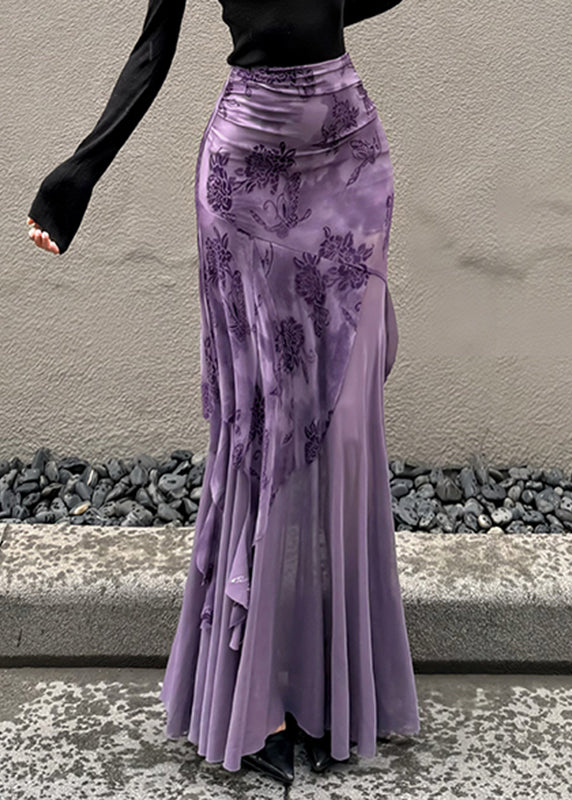 Bohemian Purple Print Patchwork Tulle Wraped Skirts Spring YP004