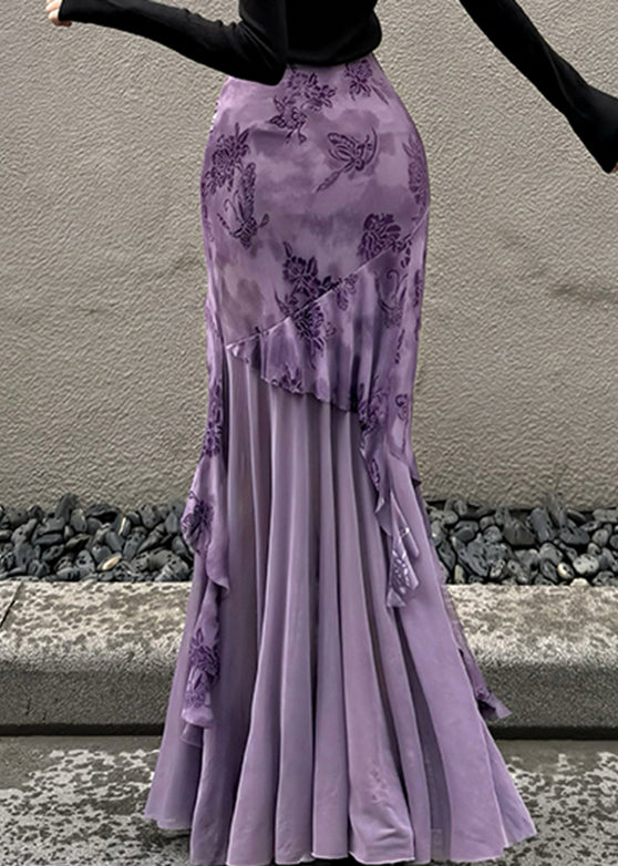 Bohemian Purple Print Patchwork Tulle Wraped Skirts Spring YP004