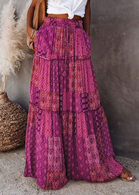 Skirt Line Ruffled Bohemian Patchwork Purple Print A