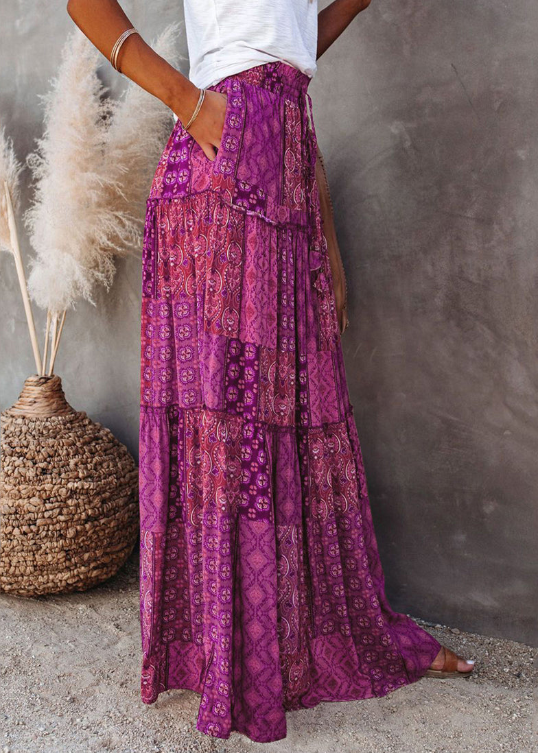 Skirt Line Ruffled Bohemian Patchwork Purple Print A