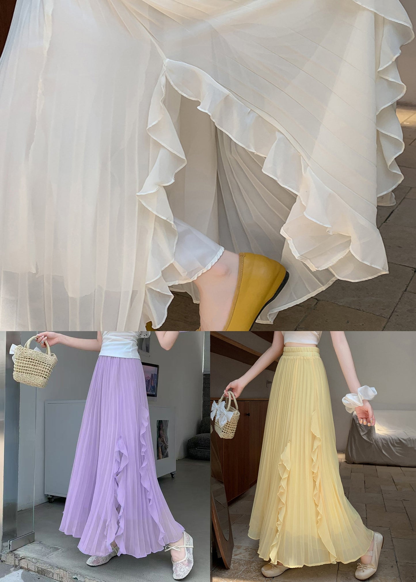 Summer Ruffled Elastic Bohemian Skirts Purple Waist Chiffon