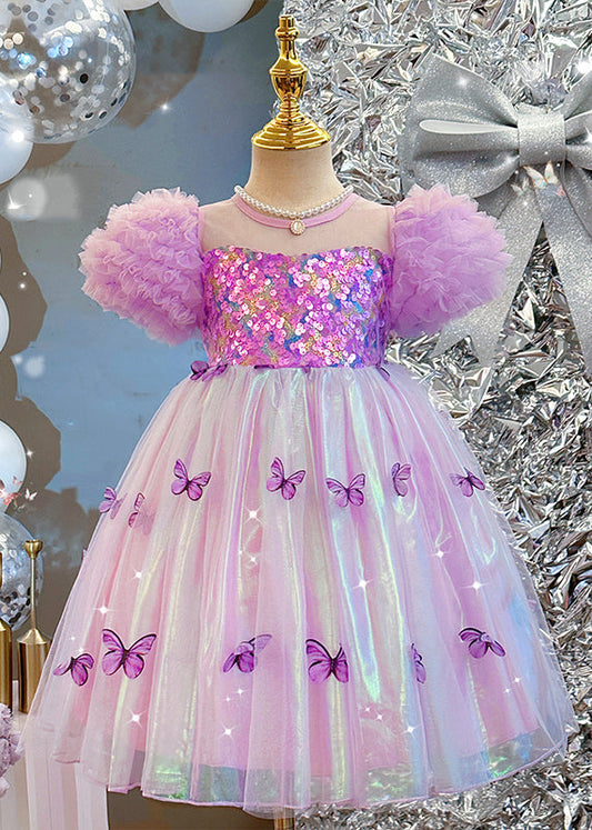 Bohemian Purple Sequins Print Tulle Girls Dress Puff Sleeve TT036