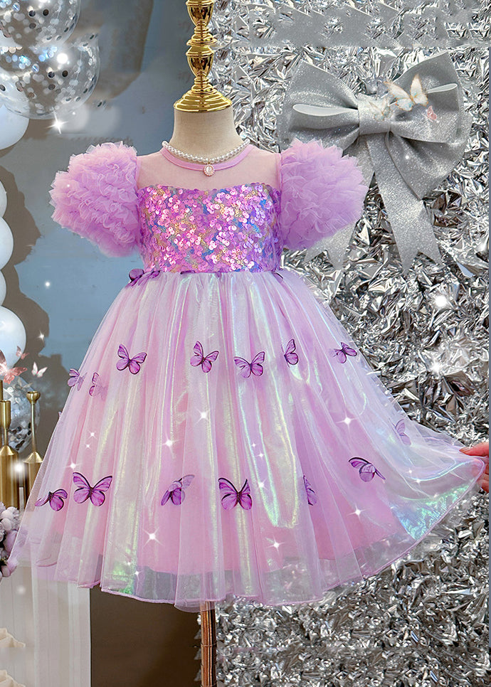 Bohemian Purple Sequins Print Tulle Girls Dress Puff Sleeve TT036