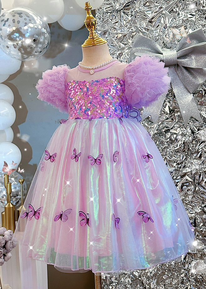 Bohemian Purple Sequins Print Tulle Girls Dress Puff Sleeve TT036