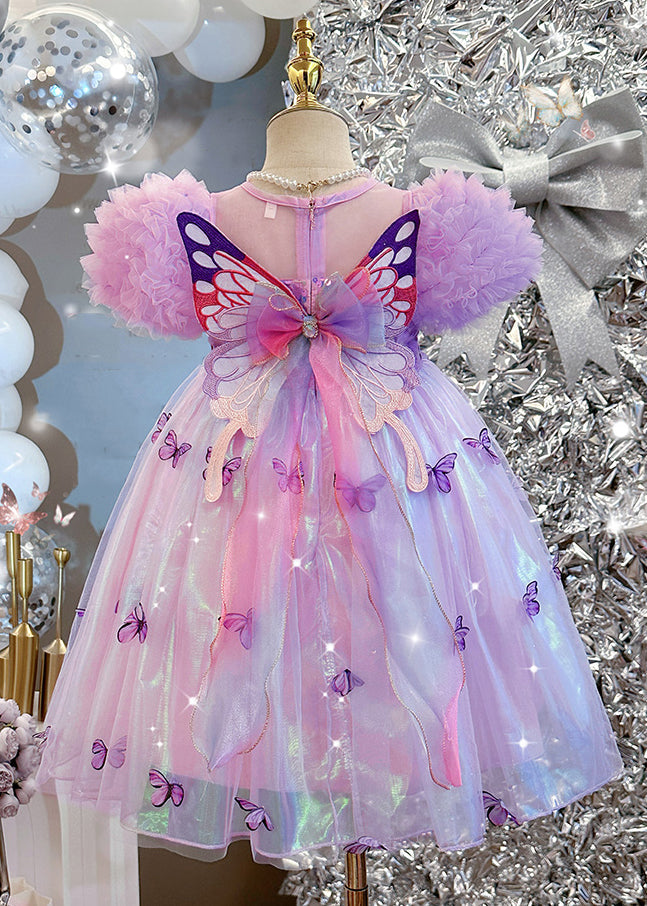 Bohemian Purple Sequins Print Tulle Girls Dress Puff Sleeve TT036