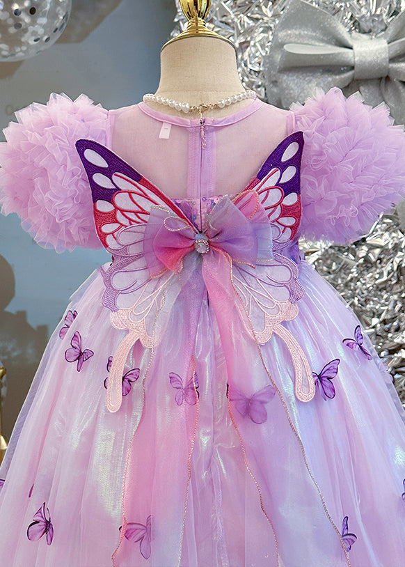 Bohemian Purple Sequins Print Tulle Girls Dress Puff Sleeve TT036