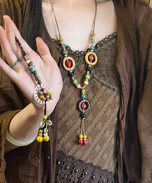 Nylon Necklace Rope Rainbow Beads Pendant Ceramic Bohemian
