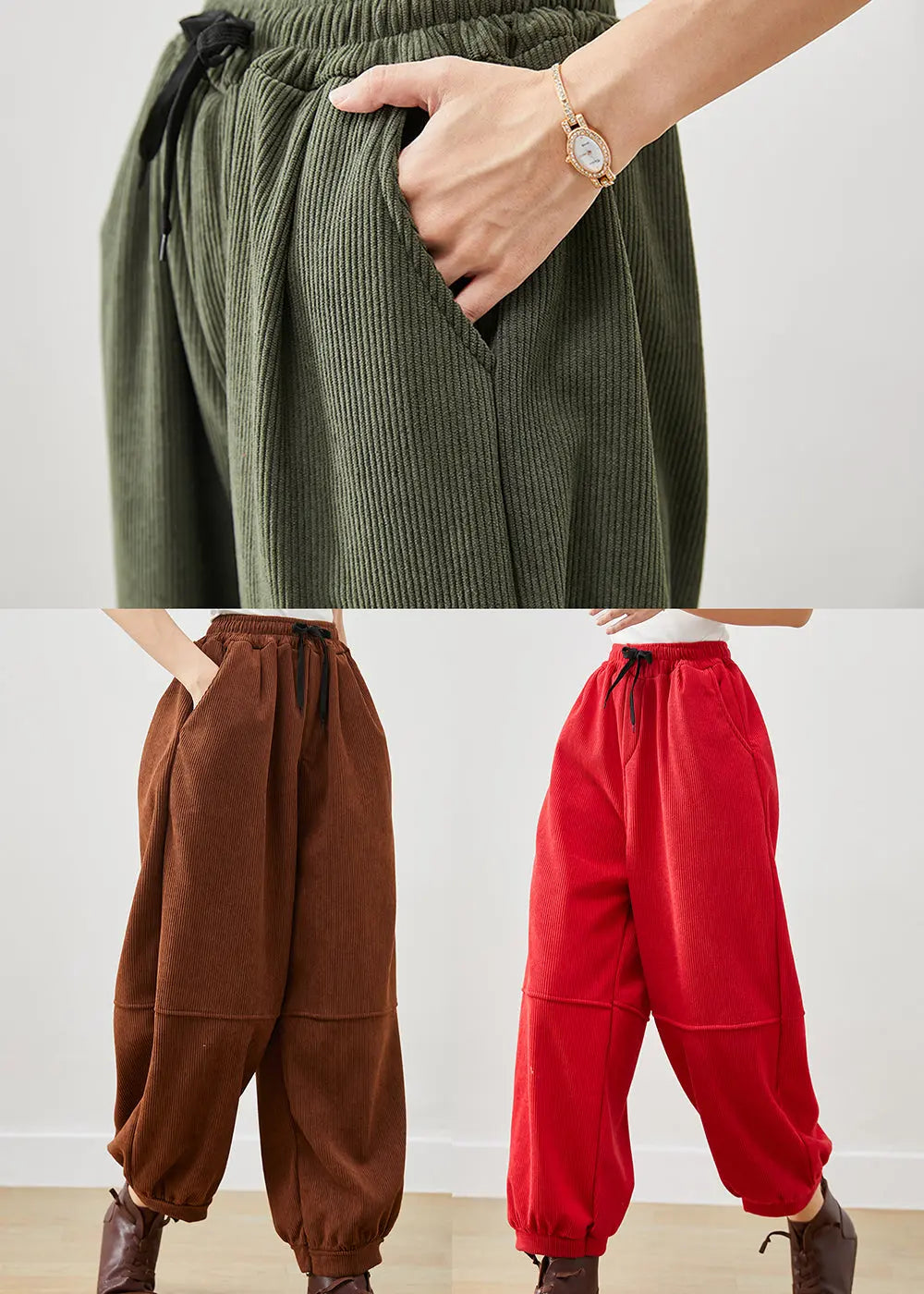 Bohemian Red Oversized Pockets Corduroy Pants Winter Ada Fashion