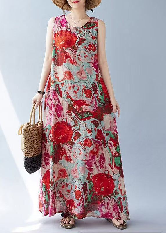 Red Cotton Sleeveless Oversized Holiday Print Dress Bohemian