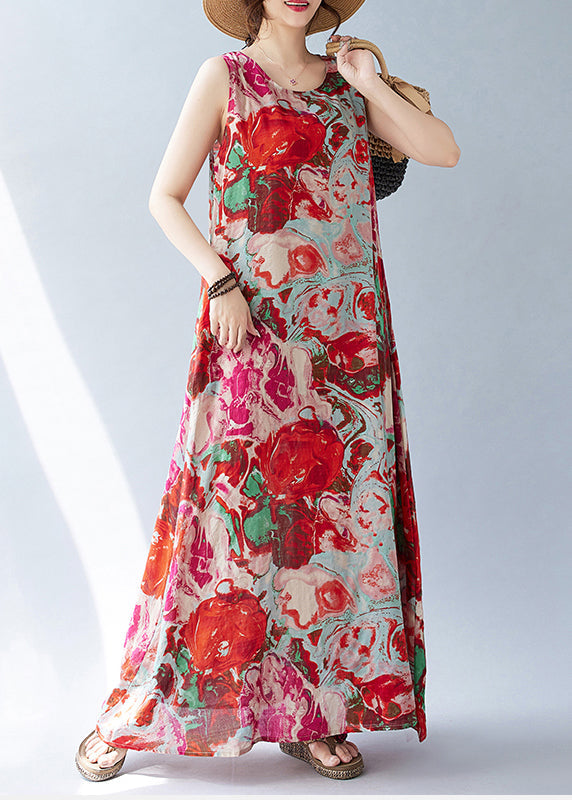 Red Cotton Sleeveless Oversized Holiday Print Dress Bohemian