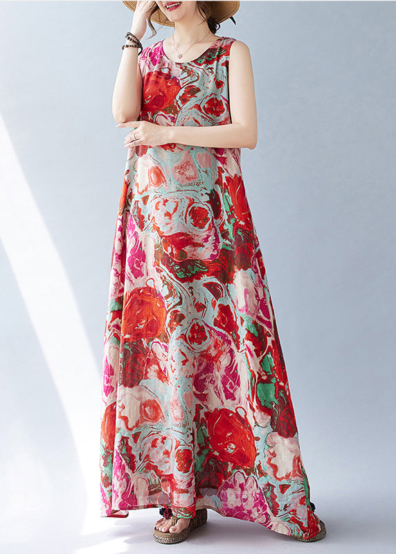 Red Cotton Sleeveless Oversized Holiday Print Dress Bohemian