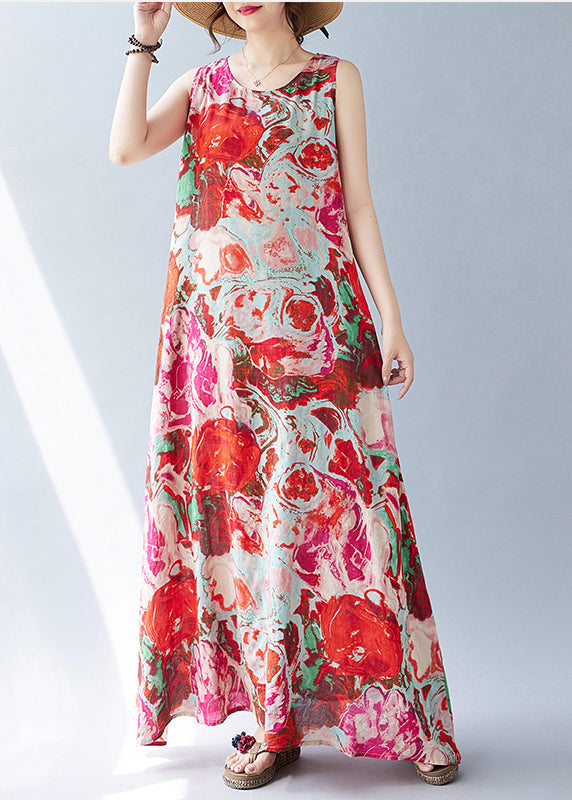 Red Cotton Sleeveless Oversized Holiday Print Dress Bohemian
