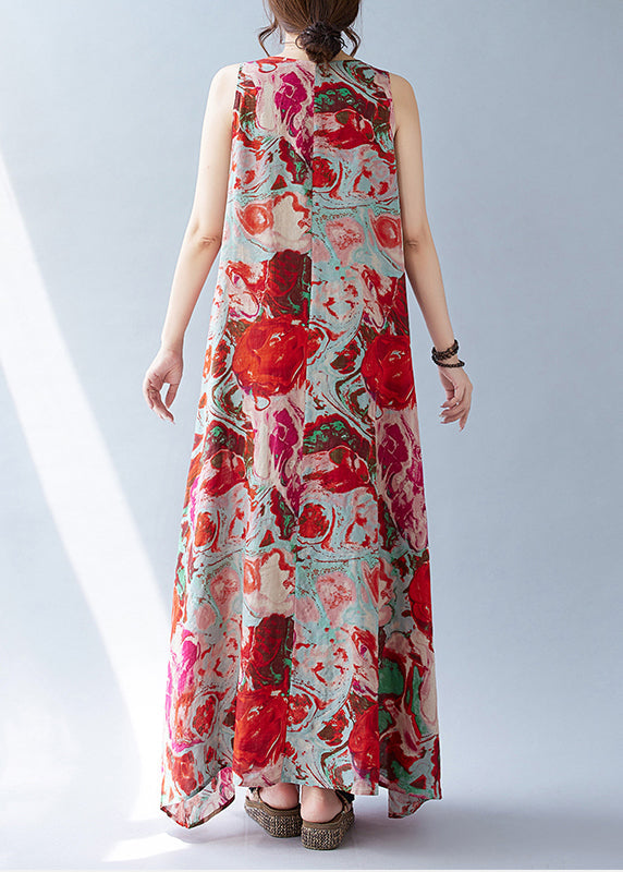 Red Cotton Sleeveless Oversized Holiday Print Dress Bohemian