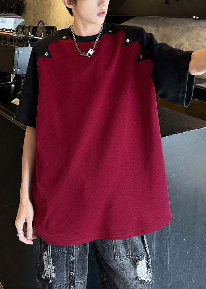 Cotton Summer Mens Patchwork Bohemian Graphic Red Rivet Tees