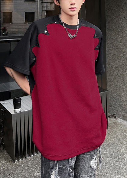 Cotton Summer Mens Patchwork Bohemian Graphic Red Rivet Tees