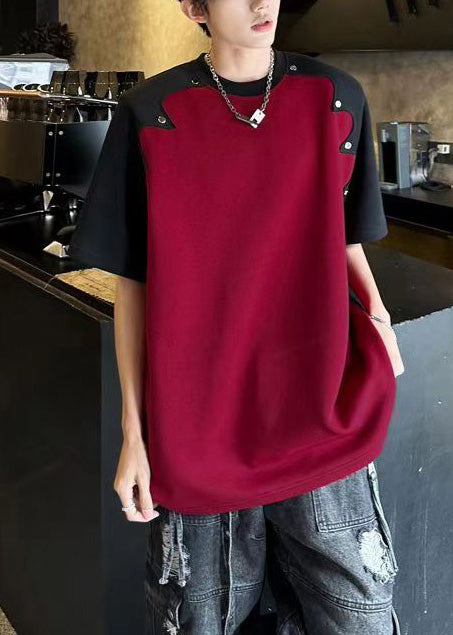 Cotton Summer Mens Patchwork Bohemian Graphic Red Rivet Tees