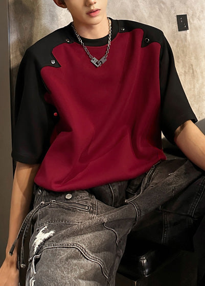 Cotton Summer Mens Patchwork Bohemian Graphic Red Rivet Tees