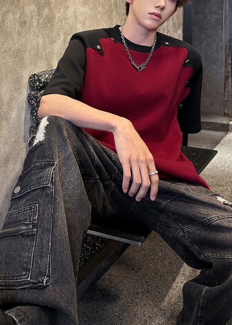 Cotton Summer Mens Patchwork Bohemian Graphic Red Rivet Tees