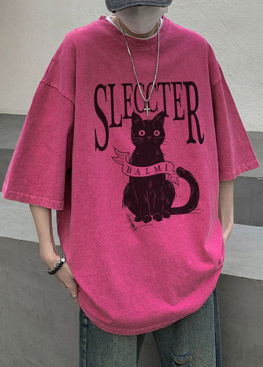 Bohemian T Half Cats Mens Letter Oversized Shirt Cotton Rose