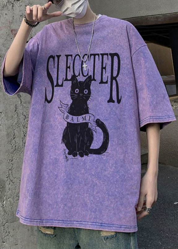 Bohemian T Half Cats Mens Letter Oversized Shirt Cotton Rose