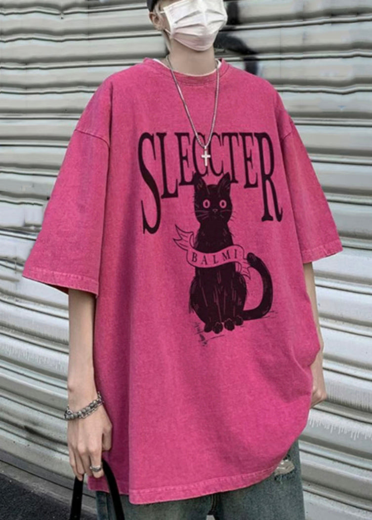 Bohemian T Half Cats Mens Letter Oversized Shirt Cotton Rose