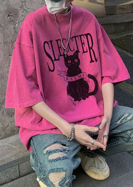 Bohemian T Half Cats Mens Letter Oversized Shirt Cotton Rose