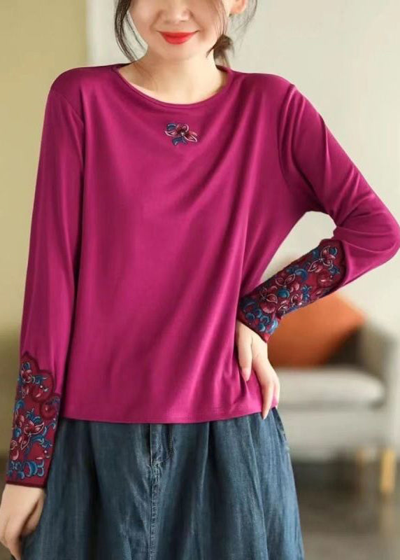 Bohemian Rose O Neck Embroidered Cotton T Shirts Spring TN001