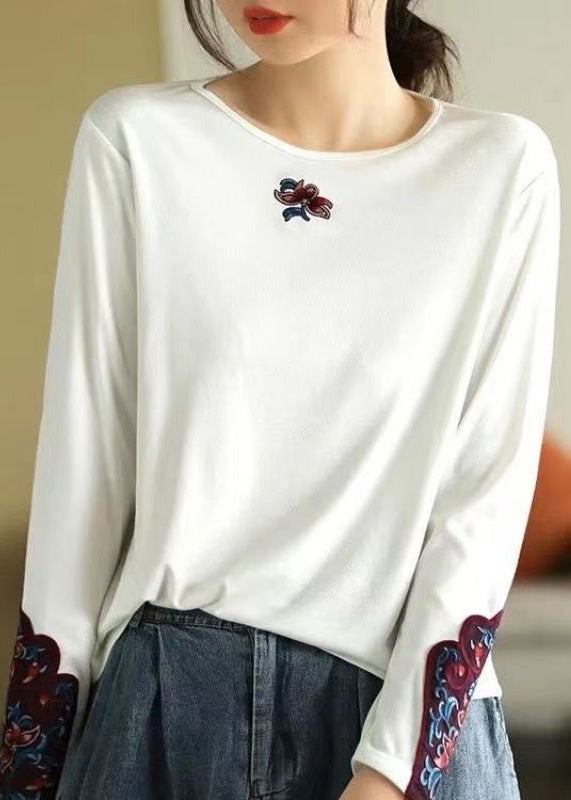 Bohemian Rose O Neck Embroidered Cotton T Shirts Spring TN001