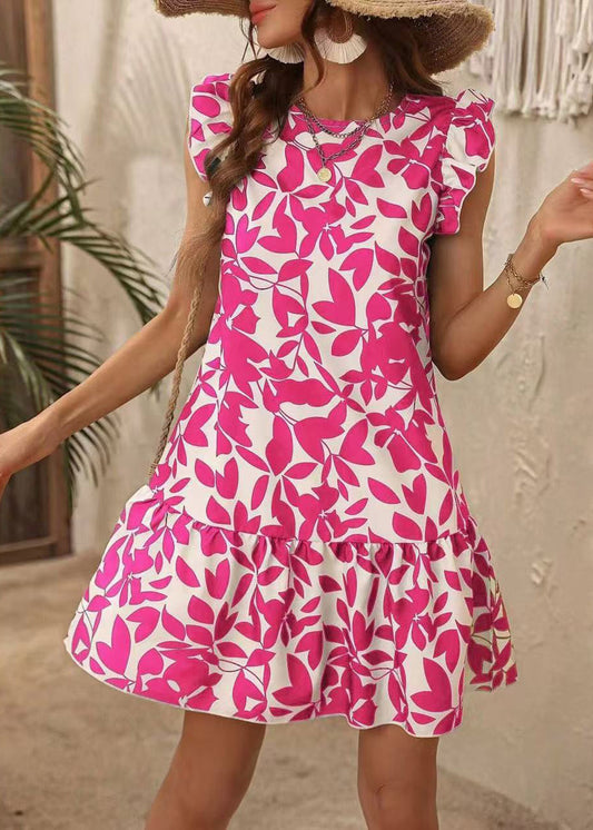 Rose Print Butterfly O Cotton Sleeve Bohemian Neck Dress Mid