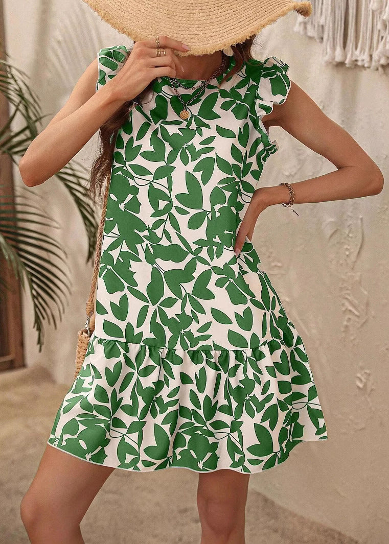 Rose Print Butterfly O Cotton Sleeve Bohemian Neck Dress Mid