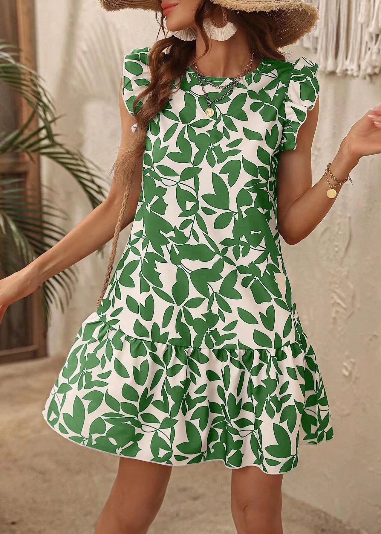 Rose Print Butterfly O Cotton Sleeve Bohemian Neck Dress Mid