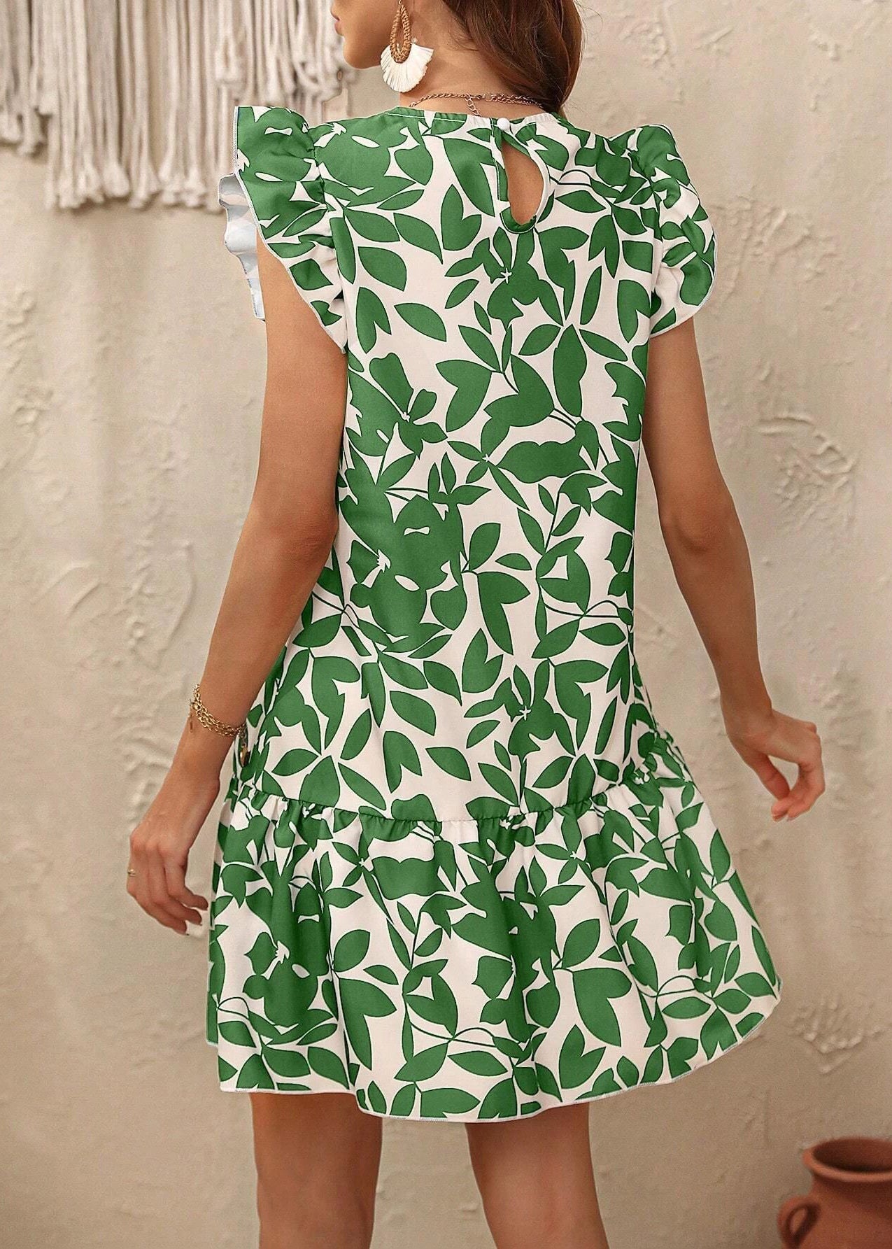 Rose Print Butterfly O Cotton Sleeve Bohemian Neck Dress Mid